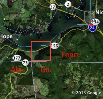 Georgia lawmakers propose to take part of the Tennessee River shoreline, an area approximated by the red shape. Credit: Google Earth, David Pendered