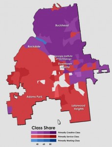 The class divide in the city of Atlanta is along an east-west line, according to urban theorist Richard Florida. Credit: theatlanticcity.com