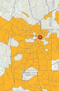 These Atlanta neighborhoods, colored gold. meet the USDA definition of a food desert. Credit: USDA