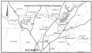 State transportation officials want to improve east-west access across the northern fringes of Atlanta. This map shows the proximity of the former Northern Arc to Ga. 20, which is now the subject of discussion for expansion. Credit: Truman Hartshorn study, GSU