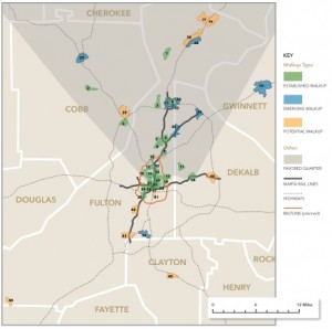 Atlanta's emerging, potential and future WalkUPs are clustered in Atlanta's urban core and northern suburbs. Click on the image for a larger version. Credit: The WalkUP Wake Up Call: Atlanta"