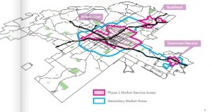 The two phase 1 areas for Atlanta's planned rental bike-share program are in Buckhead, and Midtown/Downtown Atlanta. Decatur is handling its program. Credit: issuu.com/atlantabike/docs/atl-dec_bikeshare_book_lowres