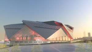 A blank wall of the Falcons stadium will face Northside Drive, on the left side of this rendering. Credit: newstadium.atlantafalcons.com