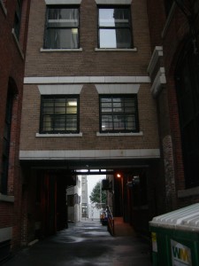 The bridge between the two buildings with the opening where railcars used to enter