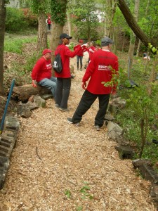 Volunteers look over a trail they have built through Lindsay Street Park