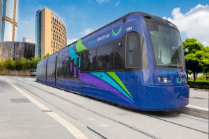 The last of Atlanta's four streetcars are due to be delivered Wednesday. This image shows an actual streetcar against a fictional background. Credit: Atlanta Streetcar
