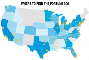 Map showing concentration of Fortune 500 company headquarters (Source: Fortune magazine)