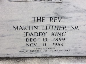 Daddy King's tombstone saying he has moved upstairs (Photo by Maria Saporta)