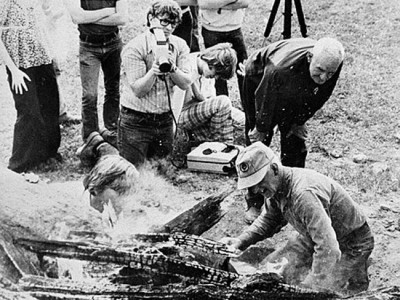 Foxfire students documenting Rabun County men making pine tar, 1970. Credit: Georgia Archives, Vanishing Georgia Collection
