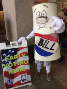 Rohit Malhotra, executive director of the Center for Civic Innovation, dressed up as the Bill on Capitol Hill from Schoolhouse Rock, encouraging Atlanta residents to early vote at the Fulton County elections office." Credit: Center for Civic Innovation 