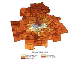 By 2015, the region had diversified. Only a handful of exurban counties were comprised of populations that were at least 90 percent white. Credit: GSU