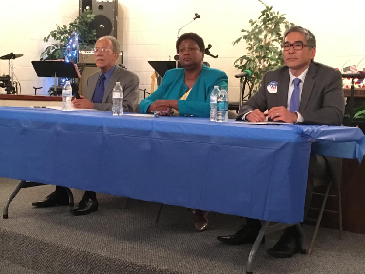 Atlanta City Councilmembers (L-R) C.T. Martin, Felicia Moore and Alex Wan, pictured at a July 19 forum in northwest Atlanta, are all running to be the next City Council president. Credit: Maggie Lee