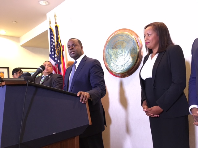 Atlanta Mayor Kasim Reed, with Atlanta Housing Authority President and CEO Catherine Buell, announced the Civic Center proposal at City Hall on Thursday.