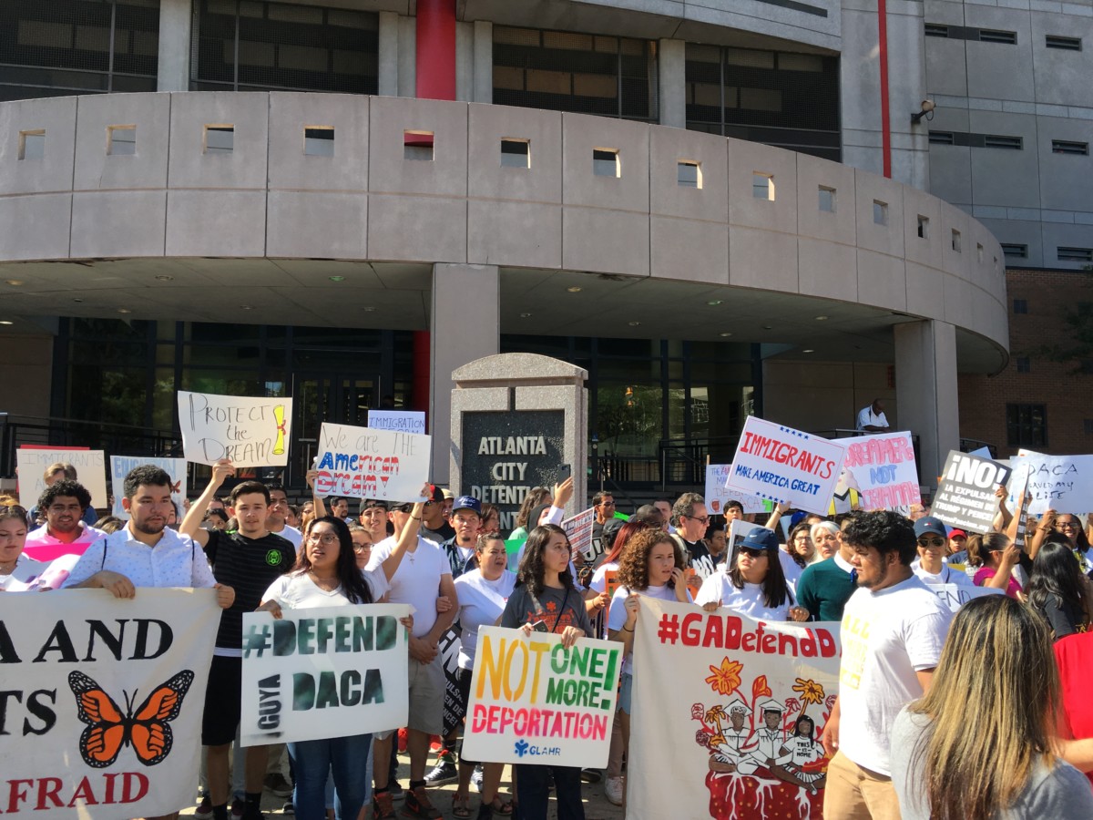 Marchers rally in favor of DACA front of Atlanta's city jail — where some folks are held on immigration charges. Credit: Maggie Lee