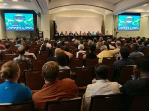 A few hundred people gathered Downtown on Tuesday evening to hear 12 Atlanta mayoral candidates take questions about transit. Credit: Maria Saporta