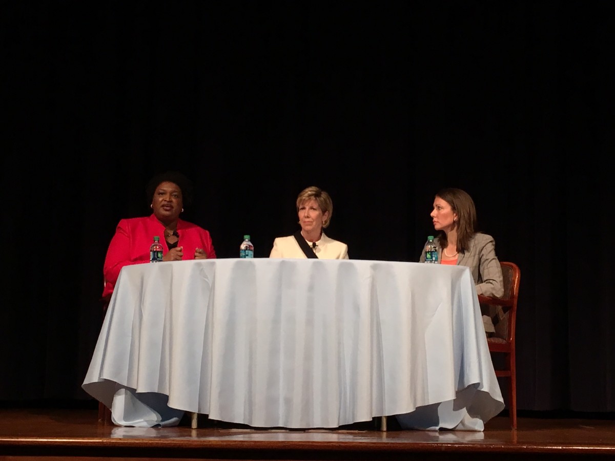 Former Georgia Secretary of State Cathy Cox, center, moderated a "conversation" between Georgia Democratic gubernatorial hopefuls Stacey Abrams (left) and Stacey Evans (right) at a Carter Center forum on Monday night. Credit: Maggie Lee