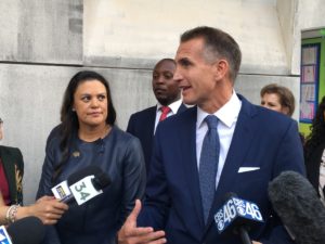 The superintendents of Atlanta and Fulton schools, Meria Carstarphen and Jeff Rose, outside the Fulton County Courthouse on Friday, both expressed frustration with Fulton County's troubled property tax assessments. Credit: Maggie Lee