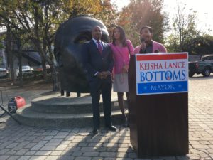 Mayoral candidate Keisha Lance Bottoms spoke Tuesday of winning the support of an eastside political power couple: outgoing Councilman Kwanza Hall and Fulton County Commission candidate Natalie Hall. Credit: Maggie Lee
