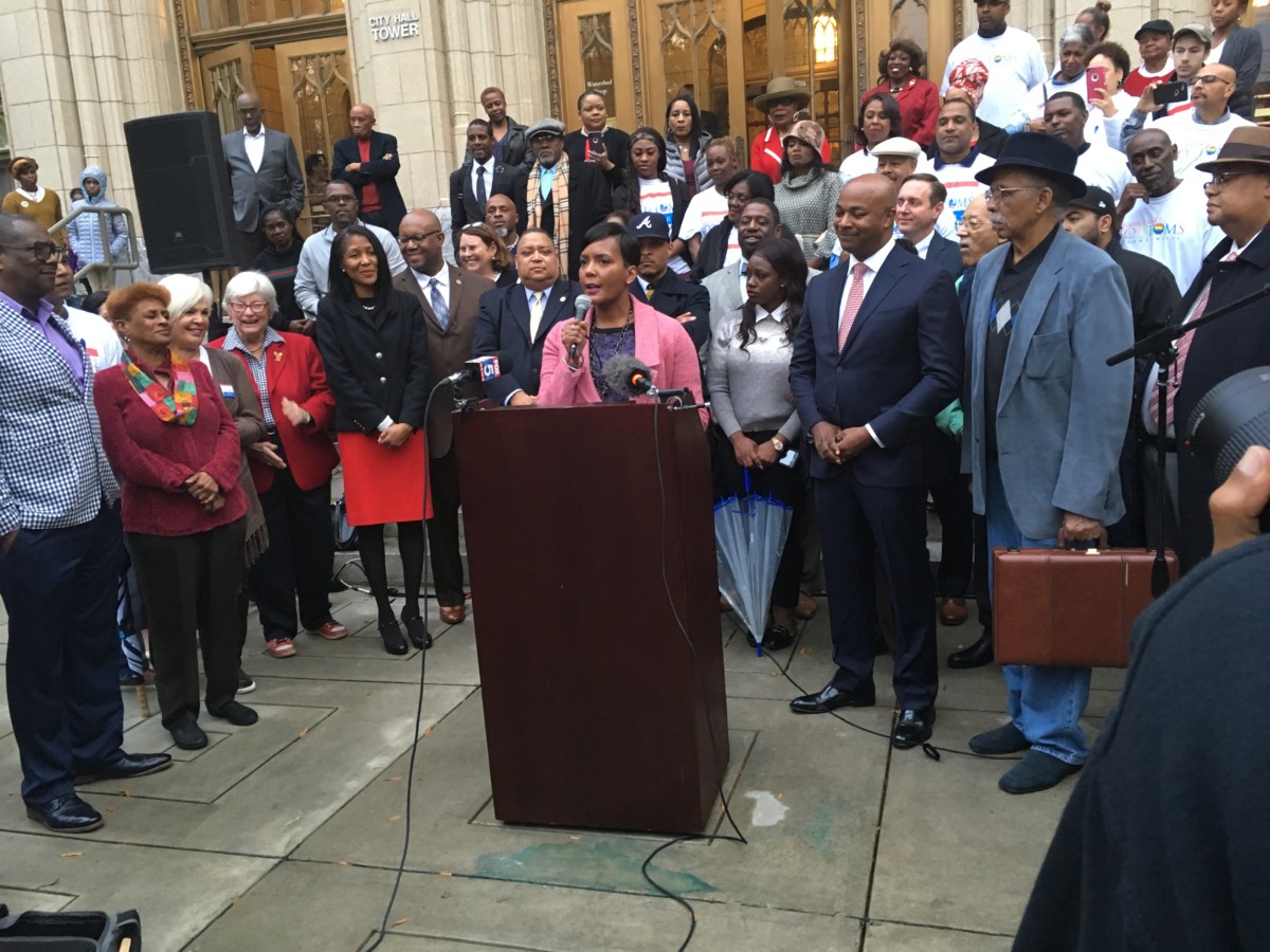 Atlanta mayoral candidate Keisha Lance Bottoms appeared at City Hall on Thursday, with dozens of supporters. Several local elected officials — and hip hop royalty T.I. and Killer Mike — endorsed her. Credit: Maggie Lee