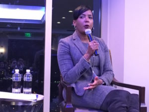 Mayoral candidate Keisha Lance Bottoms speaking at Thursday night's forum. Credit: Maggie Lee