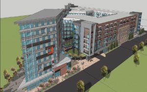 A sketch included in an Invest Atlanta handout shows a developer's vision for a mixed-use complex on the BeltLine near Piedmont Park at Tenth Street and Monroe Drive. Credit: Courtesy Invest Atlanta