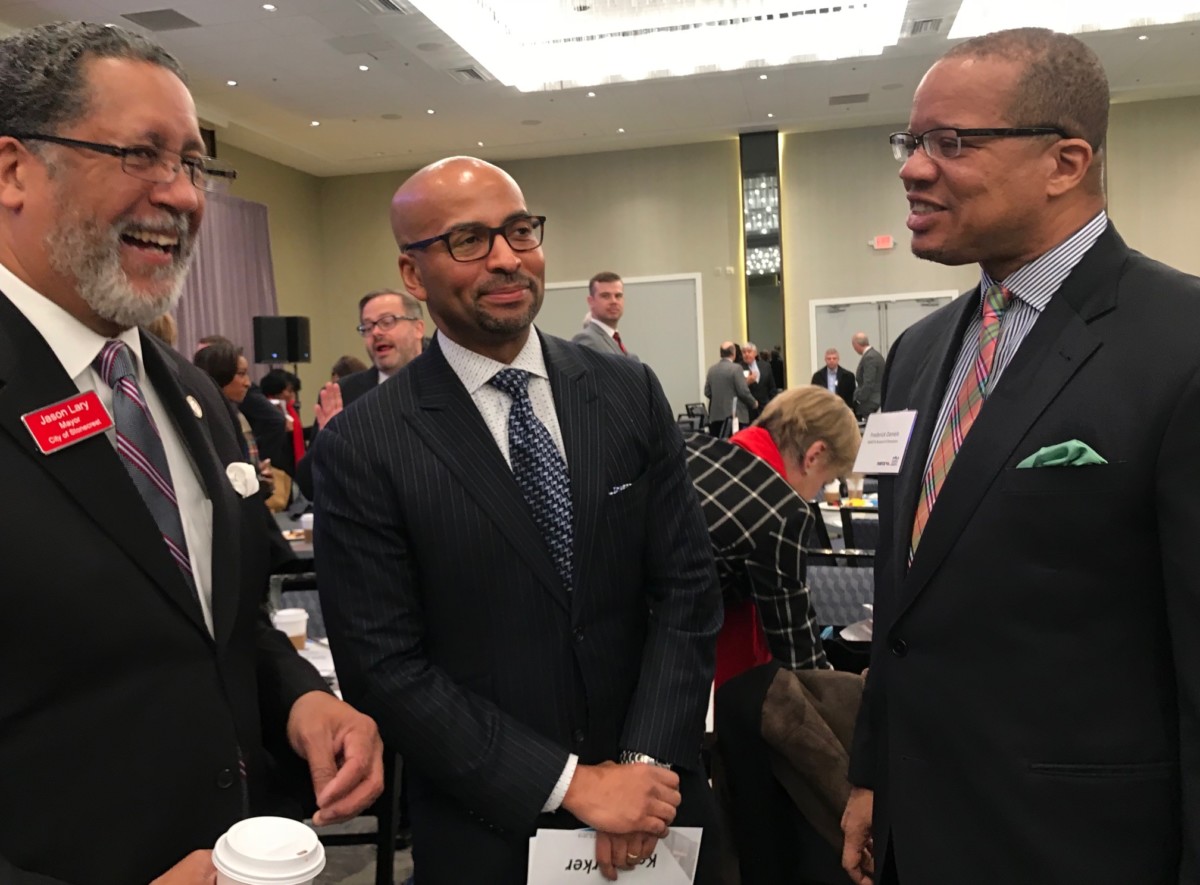 Former MARTA General Manager and CEO Keith Parker (center) chats with Stonecrest Mayor Jason Lary (left) and MARTA Board member Frederick Daniels at the State of MARTA breakfast. Credit: Kelly Jordan
