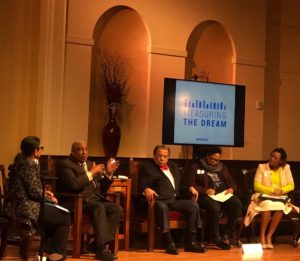 Andrea Young (L-R), Bernard Lafayette, Andrew Young, Mary Hooks and Park Cannon at the Measuring the Dream symposium at First Congregational Church of Atlanta on Thursday night. Credit: Kelly Jordan
