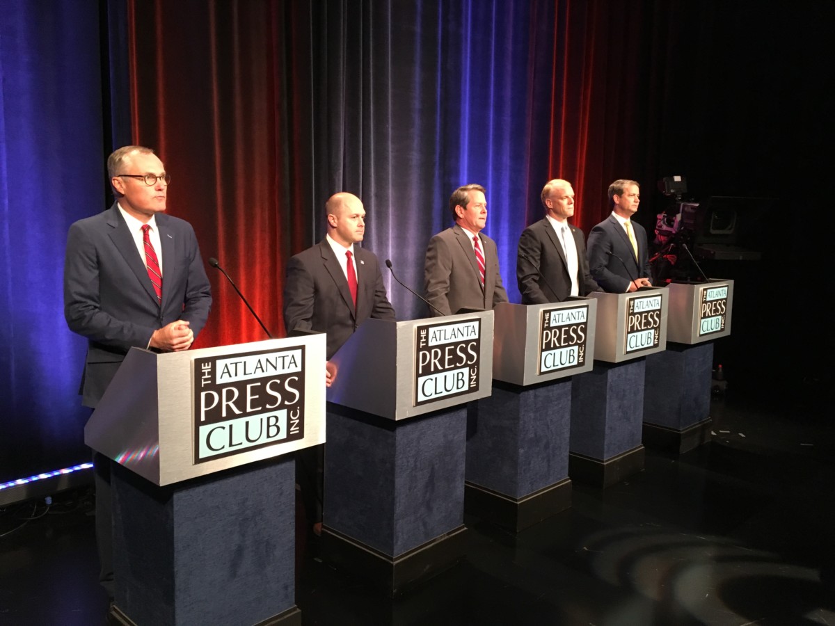 GOP gubernatorial hopefuls at a debate Thursday (l-r): Casey Cagle, Hunter Hill, Brian Kemp, Clay Tippins and Michael Williams. Credit: Maggie Lee