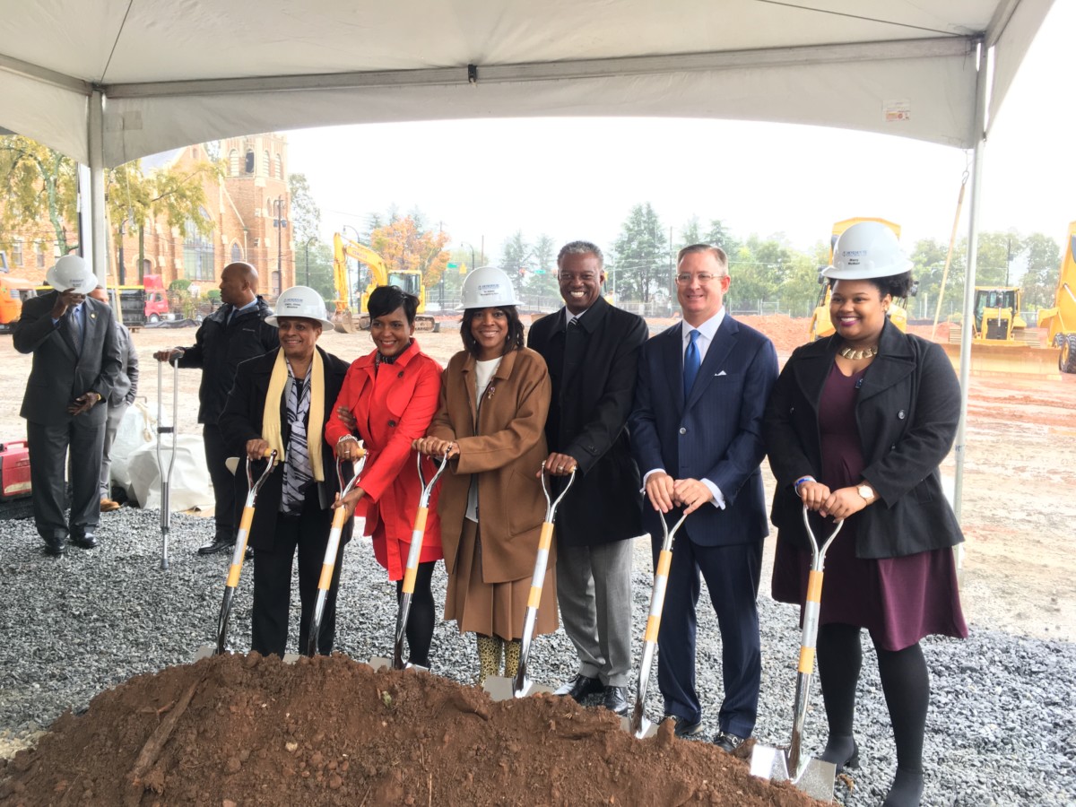 Friday morning's groundbreaking for MSM's Lee Street Campus, L-R: Atlanta City Councilwoman Cleta Winslow, Mayor Keisha Lance Bottoms, MSM President and Dean Valerie Montgomery Rice, MSM Board of Trustees Chair Arthur Collins, Carter President and CEO Scott Taylor and fourth-year medical student Macy McNair. Credit: Maggie Lee