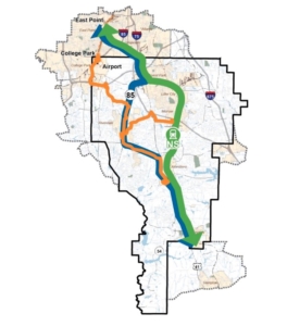 On this map from MARTA, green marks the future rail line, orange marks bus rapid transit and blue marks parts of SR 85 and Tara Boulevard for reference. Click for a larger version. Special MARTA