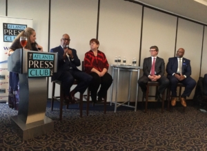 Regional leaders discuss Gwinnett County's vote on joining MARTA, during an Atlanta Press Club forum on Monday. L-R Moderator and reporter Maria Saporta, ARC's Doug Hooker, Gwinnett's Charlotte Nash, MARTA's Jeff Parker and The ATL's Chris Tomlinson. Credit: Maggie Lee
