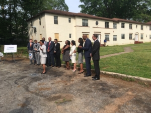 Atlanta Mayor Keisha Lance Bottoms (at podium) and other city leaders at a press conference at Capitol View apartments in Adair Park on April 25, 2019. Credit: Maggie Lee