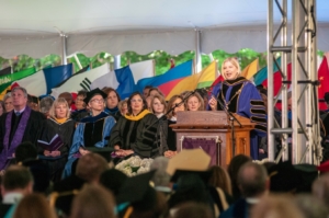 Leocadia Zak at the podium on her inauguration day as president of Agnes Scott College, April 26, 2019. Credit: Courtesy Agnes Scott College/Photographer Tom Meyer