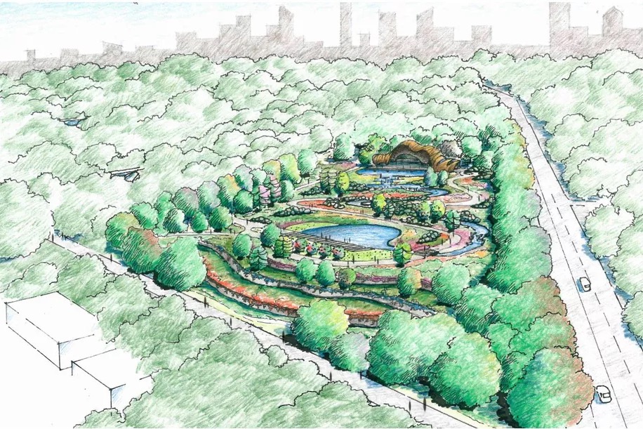 A sketch shows an idea for how to build out ponds, paths and landscape for a Piedmont Park expansion for which the city intends to buy property at Piedmont and Monroe. Credit: Handout