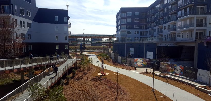 An image of the Beltline trail snaking through apartment developments.
