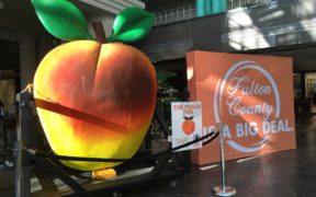The giant peach on display at the Fulton County Government Center