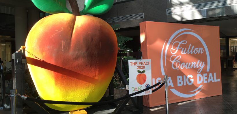 The giant peach on display at the Fulton County Government Center