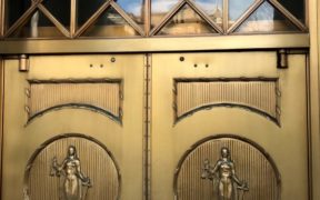 The doors of Georgia's old judiciary building depict blindfolded justice