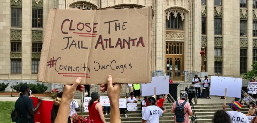June 9 rally on Atlanta City Hall steps — protestors put pressure on the city to make good on its promise to close the jail. Credit: Kelly Jordan