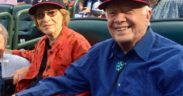 Rosalyn and Jimmy Carter at the last Braves game at Turner Field in 2016. (File/Photo by Maria Saporta)