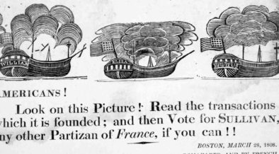 An 1808 broadside attacks someone named Sullivan. It's not clear from the full ad who he is, but it goes on to attack President Thomas Jefferson as a friend of Napoleon Bonaparte and an enemy of commerce. Credit: Library of Congress.