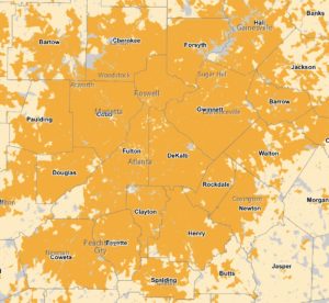 Portions of metro Atlanta that don’t have broadband service are marked in beige. Credit: broadband.georgia.gov